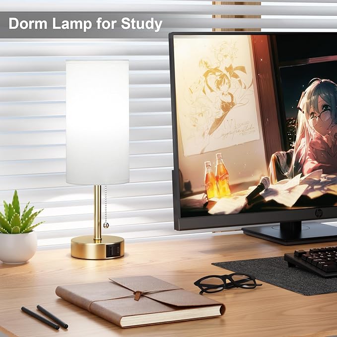 Gold Bedside Lamp for Bedroom Nightstand - Small Table Lamp with USB A + C Charging Port, 3 Color Temperatures Pull Chain Night Stand Light, Side Table Desk Reading Lamp for Living Room/Dorm Room - Bloomnest
