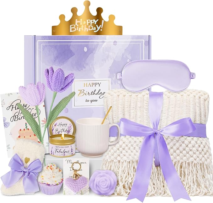 Birthday Gifts for Women - 13PCS Unique Happy Birthday Gifts Basket for Mom Her Best Friend Sister Wife Girlfriend Coworker - Relaxing Spa Self Care Package Get Well Soon Gifts Set (Lavender) - Bloomnest