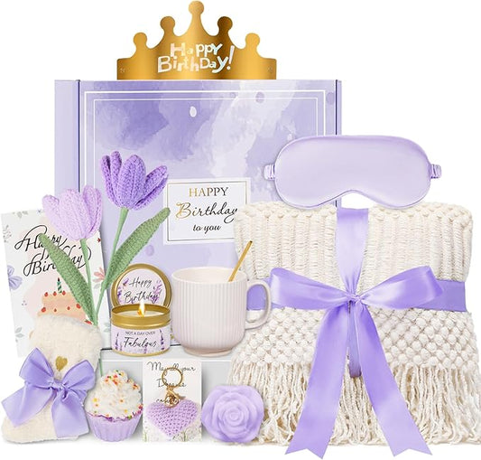 Birthday Gifts for Women - 13PCS Unique Happy Birthday Gifts Basket for Mom Her Best Friend Sister Wife Girlfriend Coworker - Relaxing Spa Self Care Package Get Well Soon Gifts Set (Lavender) - Bloomnest