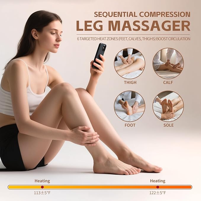 Leg Massager with Heat and Compression‎, Leg Compression Machine & Compression Boots for Circulation – 6 Modes & 3 Intensity Levels for Pain Relief, Gifts for Women, Men & Seniors - Bloomnest