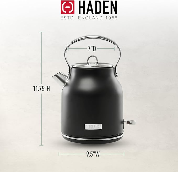 HADEN Heritage 1.7 Liter Stainless Steel Electric Kettle, Hot Water Kettle with 360-Degree Base and Auto Shutoff, Black & Chrome - Bloomnest