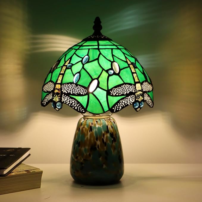 Tiffany Mushroom Table Lamp Dragonfly Style Green Stained Glass Accent Lamp Brown Blue Glass Base 8X8X12 Inch - Bloomnest