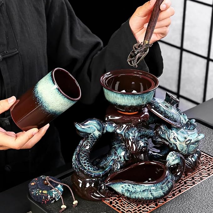 Chinese Gongfu Tea Set Ceramic Teapot with Infuser, 8 Cups, Semi Automatic Dragon Design for Loose Leaf Tea