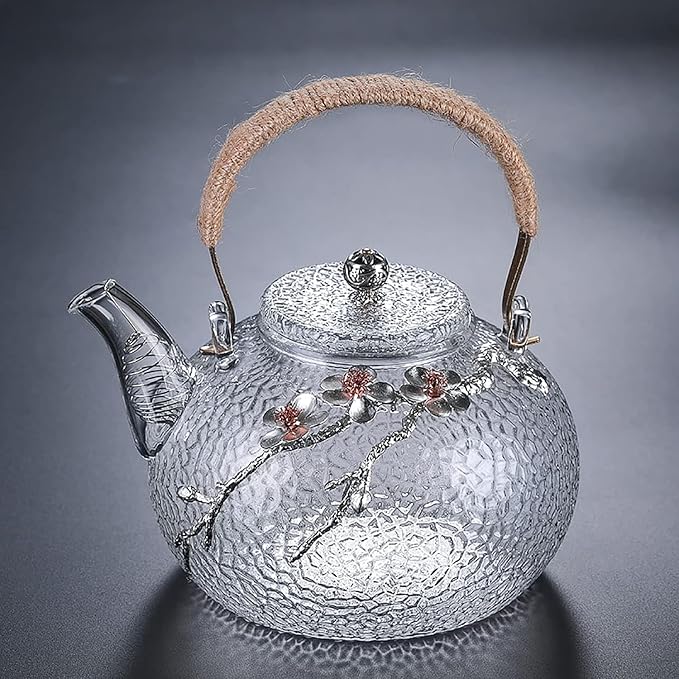 ZENATION Japanese Style hammered glass exquisite 900ml tea pot, with tin and copper plum blossom decoration