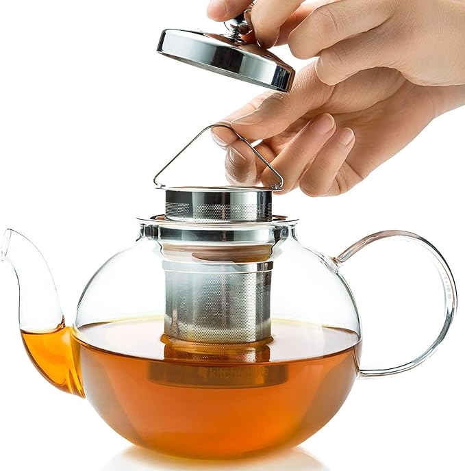 Glass Teapot Set with 4 Double Wall Teacups & Removable Stainless Steel Infuser - Microwave Dishwasher Safe Clear Blooming Loose Leaf Teas, Tea Maker Gift - Bloomnest