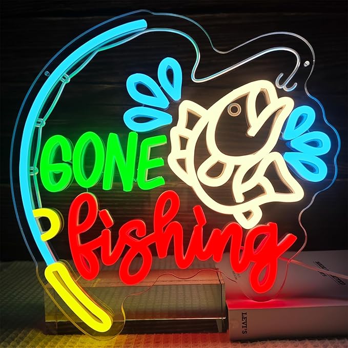 Fishing Neon Sign Dimmable Gone Fishing Neon Sign for Wall Decor Fish On Led Sign Fish Neon Light Up Sign for Bedroom Kids Room Living Room Xmas Gift Party - Bloomnest