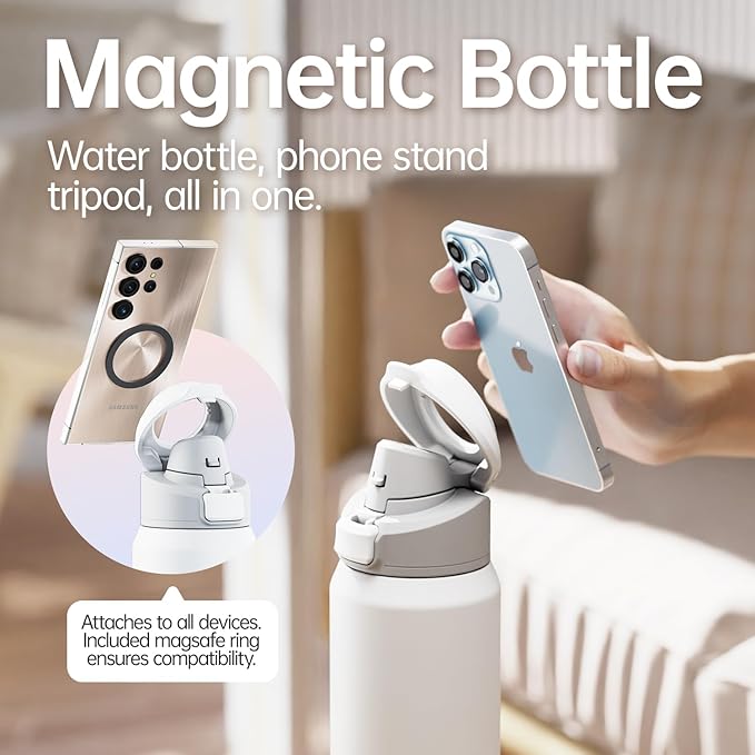 64oz Insulated Magnetic Water Bottle - Stainless Steel Vacuum Flask with MagSafe Compatible Phone Holder Keeps Drinks Cold for 24 Hours Water Jug for Gym and Outdoor Activities（White) Magcheer