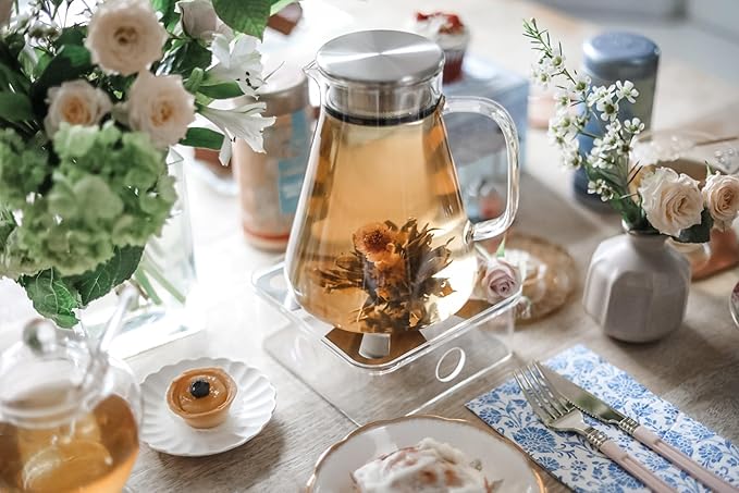 Teabloom One-Touch Tea Maker, 2-in-1 Teapot and Kettle with Stainless Steel Filter Lid for Loose Tea – Stain-free Borosilicate Glass Teapot (40 Oz) – Tea Connoisseur's Choice - Bloomnest