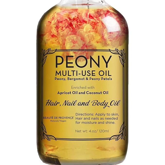 BEAUTE DE PROVENCE Peony Multi-Use Oil for Face, Body and Hair - Organic Blend of Apricot, Vitamin E Sweet Almond Oil for Dry Skin, Rose Petals & Bergamot Essential Oil - 4 Fl Oz - Bloomnest