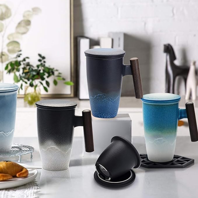suyika Tomotime Ceramic Tea Cup with Infuser and Lid Tea Mugs Wooden Handle 400ml/13.5oz (Cyan blue) - Bloomnest