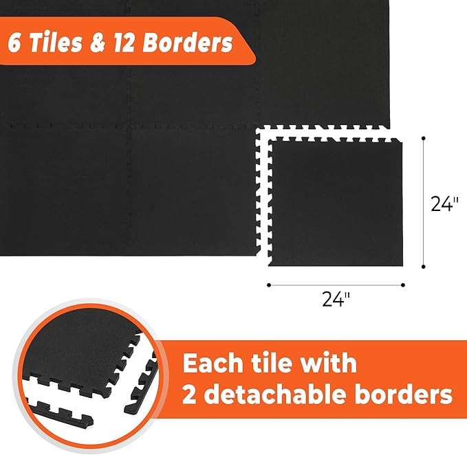 SUPERJARE 0.4'' Thick 6 Pcs 24 Sq Ft Rubber Top Exercise Equipment Mats, High Density EVA Foam Mats with Rubber Top, Interlocking Gym Flooring for Home Gym, Protective Workout Mat, Black - Bloomnest