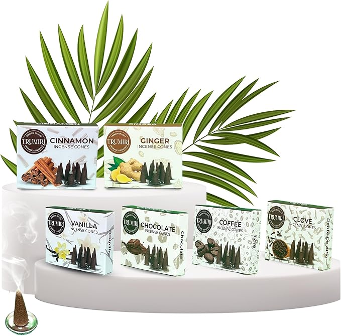 TRUMIRI Gourmet Incense Cones - Variety Pack - Total 60 Cone Incense (6 Scents x 10 Conos) - Vanilla, Cinnamon, Coffee, Chocolate, Clove, Ginger - Cone Incense Scents - Insense Cones - Incent Cone TRUMIRI