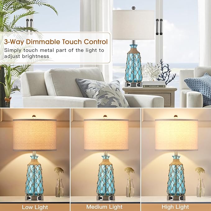 25.5" Coastal Glass Table Lamps Set of 2, 3-Way Dimmable Touch Control Bedside Lamps with 2 USB Ports and AC Outlet, Blue Nautical Nightstand Lamps for Bedroom Living Room (LED Bulbs Included) - Bloomnest