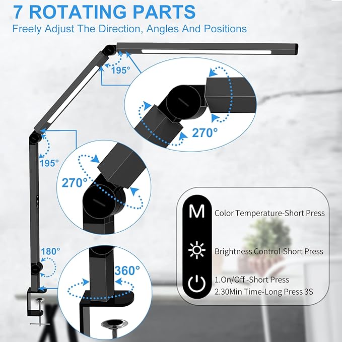 LED Desk Lamp with Clamp, Architect Desk Lamp for Home Office with Remote Control, Swing Arm Clamp on Computer Light, Clip-on Eye-Care Adjustable 5 Brightness Levels Table Light for Working Drafting - Bloomnest