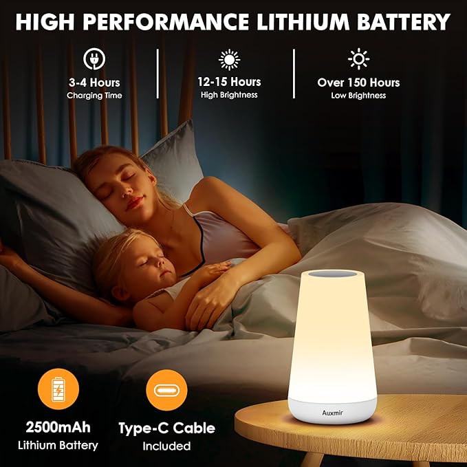 Auxmir Night Light, Dimmable Touch Lamp for Bedroom, Portable Rechargeable Bedside Table Lamp for Baby Nursery, 13 RGB Colors & 5 Brightness, Night Lights for Bedroom Living Room Bathroom Hallways - Bloomnest