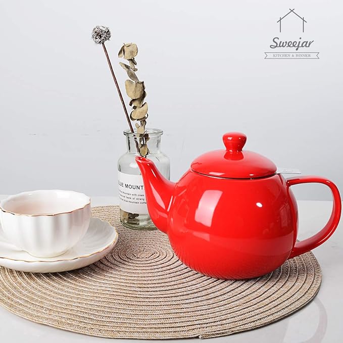 Sweejar Porcelain Teapot with Removable Stainless Steel Infuser,Microwave & Dishwasher Safe Tea Pots for Loose Tea,Tea Infuser Pots for Chrismas Women Gift (30oz Red) - Bloomnest