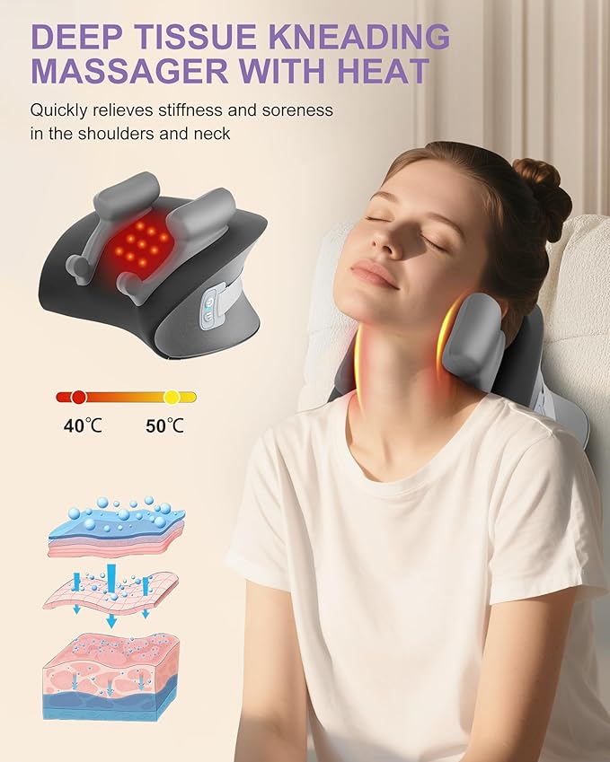 Shiatsu Neck Massager with Heat, Electric Deep Tissue Kneading Massage Pillow with 10-Minute Timer for Full Body Muscle Pain Relief, Cordless Portable Cervical Traction Device (Black)
