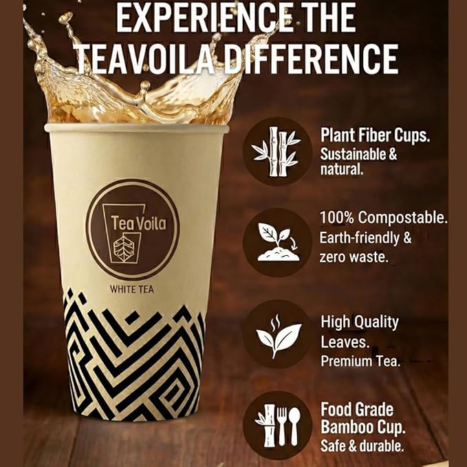 TeaVoila Instant Brew Tea in A Cup - Organic Loose Leaf Herbal Tea – Tea Infuser Built In Biocompostable 6 Cups, Each Refillable 3x, 18 Servings in Total – No Tea Bags Needed, For Office & Travel