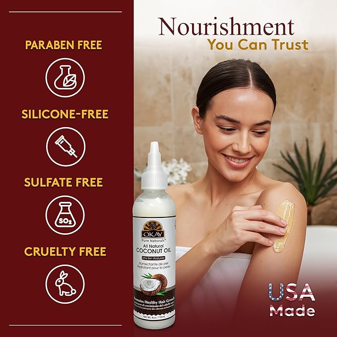 Okay 100% Pure Coconut Oil for Hair & Skin - Coconut Oil for Women & Men, Perfect for Body, Face, Natural Massage Oil & Moisturizer - 4 Fl Oz Squeeze Bottle (Pack of 2) - Bloomnest