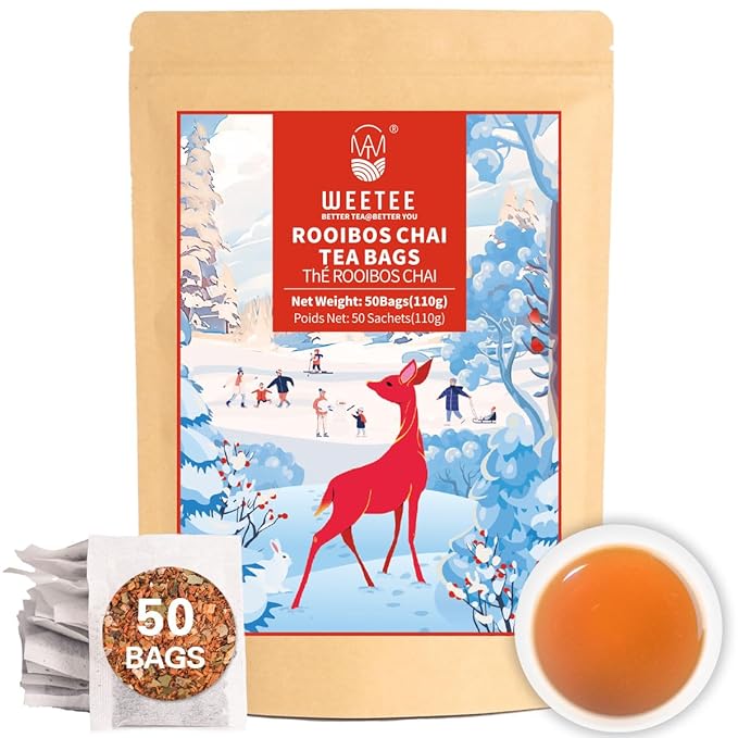 WT WEETEE Rooibos Chai Tea Bags, South African Red Tea with Cinnamon, Cloves, Cardamom, Natural Caffeine-free Herbal Tea, 50 Counts Spiced Rooibos Tea - Bloomnest