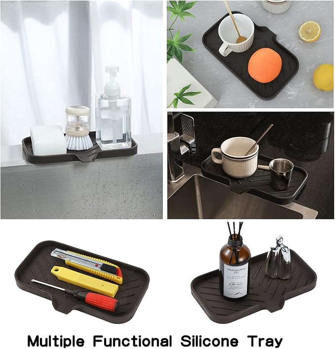 Silicone Bathroom Soap Dishes with Drain Spout-Bathroom and Kitchen Sink Organizer,Sponge Holder,Dish Soap Tray,Perfect for Dispenser,Scrubber,Bottle,Cup on Sink or Counter-Coffee 9.6"×5.3" - Bloomnest