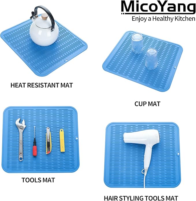 Silicone Dish Drying Mat for Multiple Usage,Easy clean,Eco-friendly,Heat-resistant Silicone Mat for Kitchen Counter or Sink,Refrigerator or Drawer Liner Lichen BlueL 2XL 24 inches x 18 inches - Bloomnest