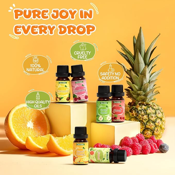 SALKING Fruity Fragrance Essential Oils Set, Essential Oil Gift Set Scented Oils for Diffuser Candle Making - Pineapple,Guava, Raspberry, Green Apple, Orange, Cherry - Bloomnest