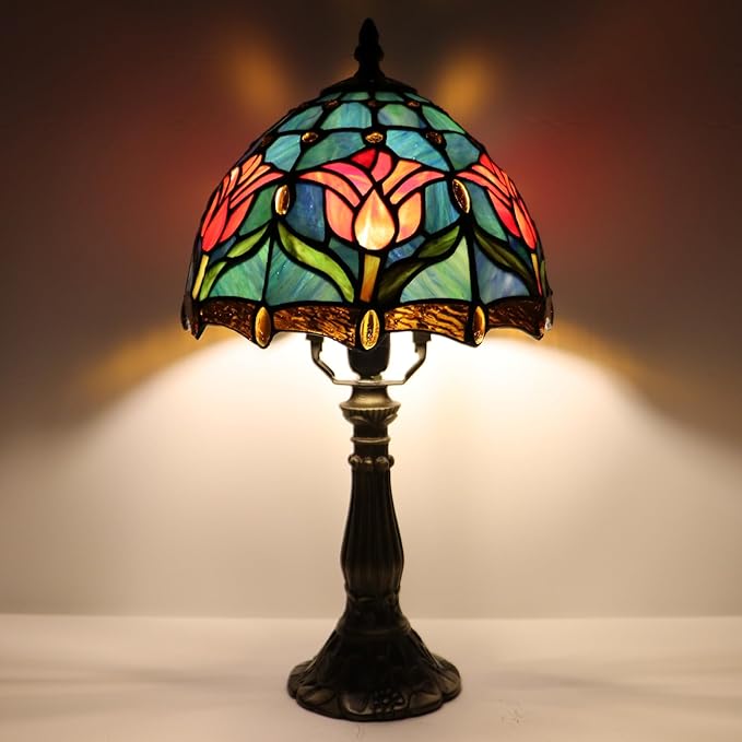 Small Tiffany Lamp Mini Accent Table Lamp Stained Glass Desk Memory Lamp Sympathy 8X14.5 Inch (Tulip Style) - Bloomnest