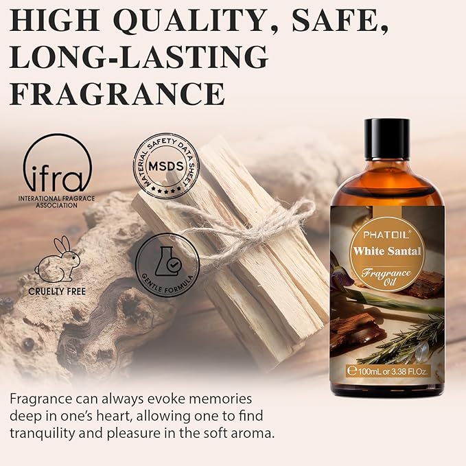 PHATOIL 3.38FL.OZ White Santal Fragrance Oils for Aromatherapy, Essential Oils for Diffusers for Home, Perfect for Diffuser, Yoga, Skin Care, DIY Candle and Soap Making - 100ml - Bloomnest
