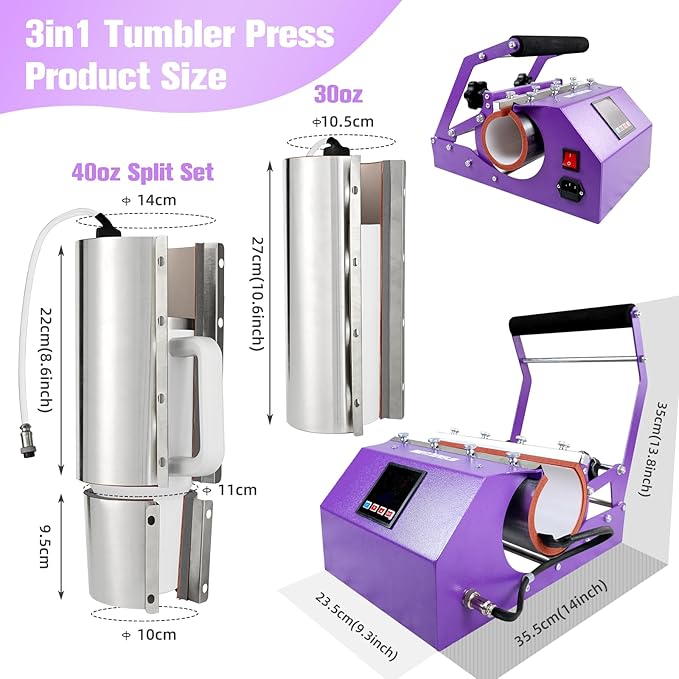 BetterSub 3in1 40 OZ Tumbler Mug Heat Press Machine 30 OZ 20 OZ 16 OZ Sublimation Straight Skinny Tumbler Mug,11 OZ 15 OZ 16 OZ Sublimation Mug Heat Transfer Purple - Bloomnest