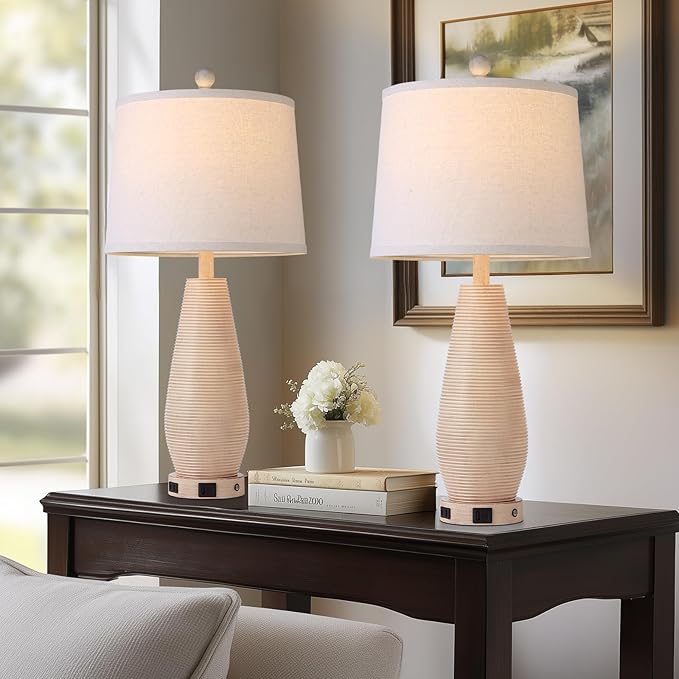 Farmhouse Table Lamps Set of 2 with USB C+A Ports and AC Outlet, 3 Way Touch Rustic Bedside Lamps for Living Room, 26.5" Cream Vintage Lamps for Bedroom Nightstand - Bloomnest