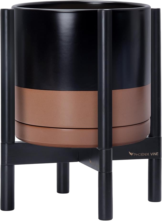 D'vine Dev Ceramic Planter with Ebony Stand - 12 Inch Modern Round Flower Pot with Wood Planter Holder, Black/Speckled Tan, 55-B-H-7 - Bloomnest