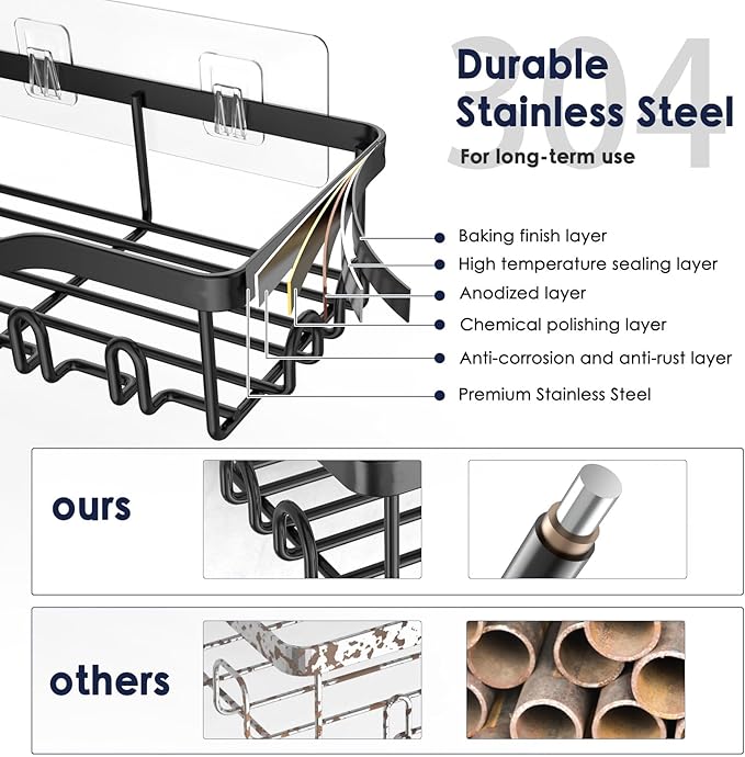 Shower Caddy Adhesive Shower Organizer 7-Pack, Rustproof Stainless Steel Bathroom Shelves, Large Capacity No-Drill Rack Storage Accessories with Soap Dish Toothbrush Holder &24 Hooks Home Decor - Bloomnest