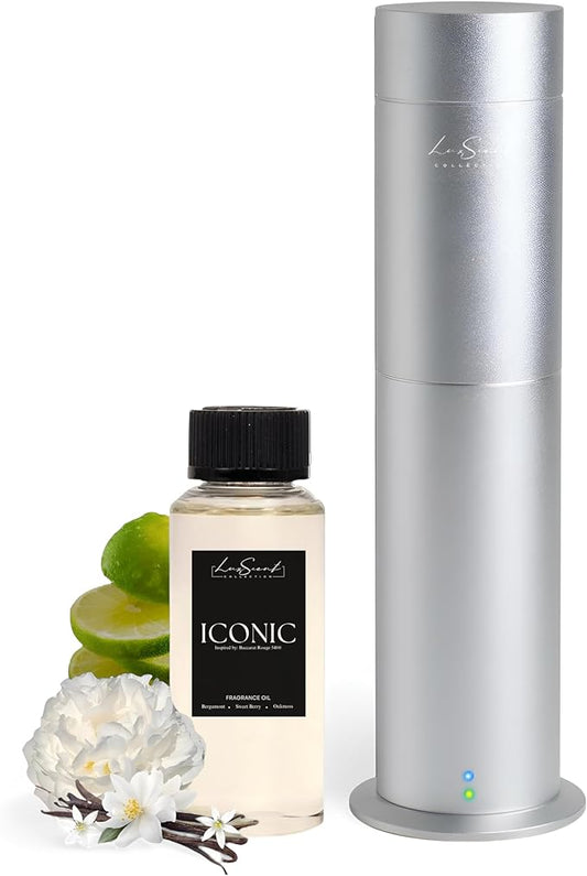 Aroma Scent Diffuser Starter Kit for Up to 1000SQ. FT. Coverage - 120ML Waterless Essential Oil Scent Included - Luxury Aroma Diffuser Ideal for Home, Office & Hotel (Silver, Iconic) - Bloomnest