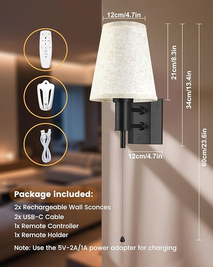 Battery Operated Wall Sconces Set of Two, Wireless Wall Lights with 5200mAh RGB Dimmable Detachable Battery, Rechargeable Wall Sconce with Remote for Home Decor, Easy DIY Installation - Bloomnest