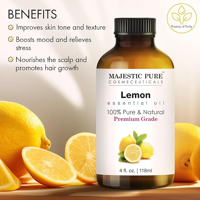 Majestic Pure Lemon Essential Oil with Glass Dropper - Huge 4 Fl Oz - 100% Pure and Natural Lemon Oil - Premium Grade Essential Oils for Diffuser, Aromatherapy, Soap and Candle Making - Bloomnest