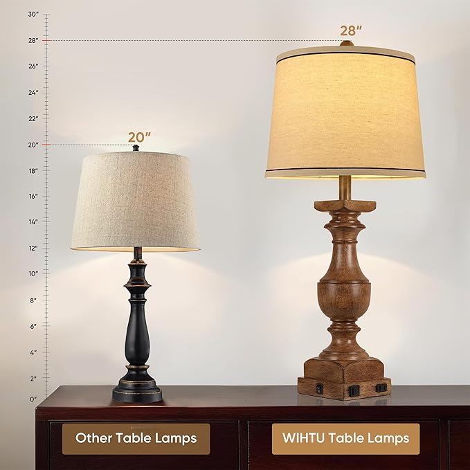 WIHTU Wood Grain Color Table Lamps, 28'' Resin Desk Lamp for Bedroom, Nightstand Lamps Set of 2, Farmhouse Bedside Lamps with Linen Shades, Rocker Switch, Table Lamps with USB A+C Port, Bulb Included - Bloomnest