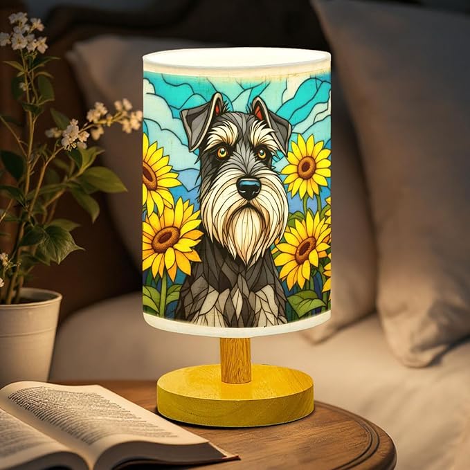 Miniature Schnauzer Table Lamp LED 3-Color Pressed Bedside, Dog Shade Lamp with Wood Base for Bedroom Living Room Desk Office - Bloomnest
