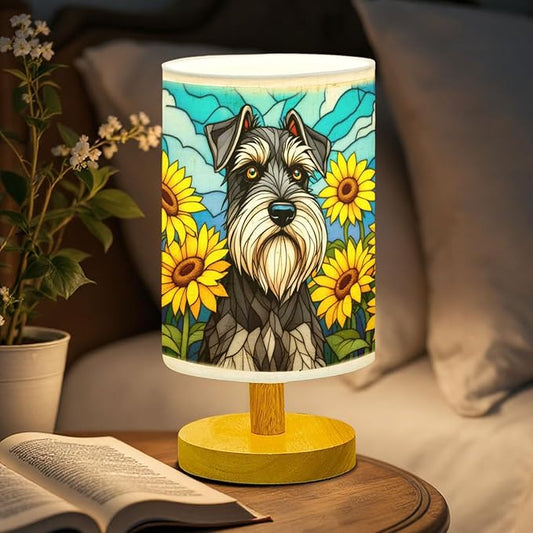 Miniature Schnauzer Table Lamp LED 3-Color Pressed Bedside, Dog Shade Lamp with Wood Base for Bedroom Living Room Desk Office - Bloomnest