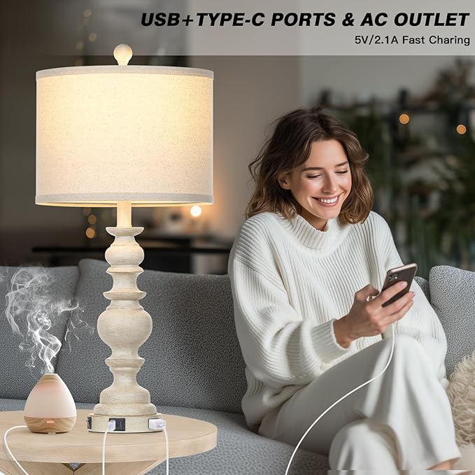 27.5" Beige Farmhouse Table Lamps for Living Room, Rustic Bedside Lamps with USB C+A Ports & AC Outlet, Vintage Bedroom Lamp Set of 2, Tradition Night Stands Lamp for Side End Table Desk - Bloomnest