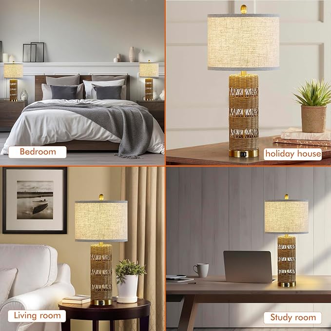 Boho Rattan Stylish & Functional & Versatile Decor USB Table Lamps Set of 2-28" Farmhouse Bedside Lights,Bulbs Included - Bloomnest