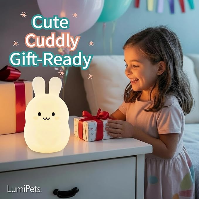 Lumipets Baxter The Bunny Squishy Night Light for Kids | Silicone Lamp with Tap & Remote Control | Rechargeable Color Changing Animal Night Light for Boys & Girls | Portable Nightlight with USB Cord - Bloomnest