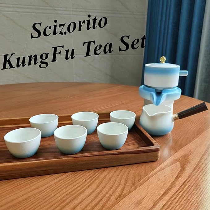 Chinese Kung Fu Tea Set, Automatic Stone Grinding Pot, Gift Box Suitable for Tea Ceremony Parties, Gifts, Home, Office Decoration in Mother's Day(Gradient Blue)