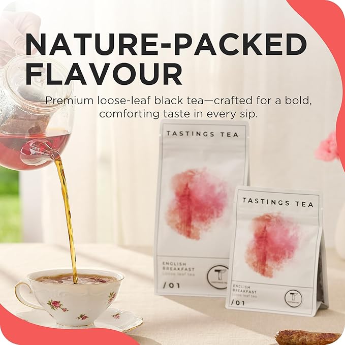 Tastings Tea English Breakfast Tea, 3.5 oz. | Natural Loose-Leaf Black Tea Blend with Assam & Nilgiri Flavor | Caffeinated - Bloomnest
