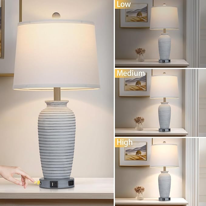 25" Vintage Farmhouse Jar Table Lamps, Single Rustic Bedside Lamp with USB A+C Ports & AC Outlet, Nightstand Lamps for Living Room, Bedroom, End Table, Grey White(LED Bulb Included) - Bloomnest