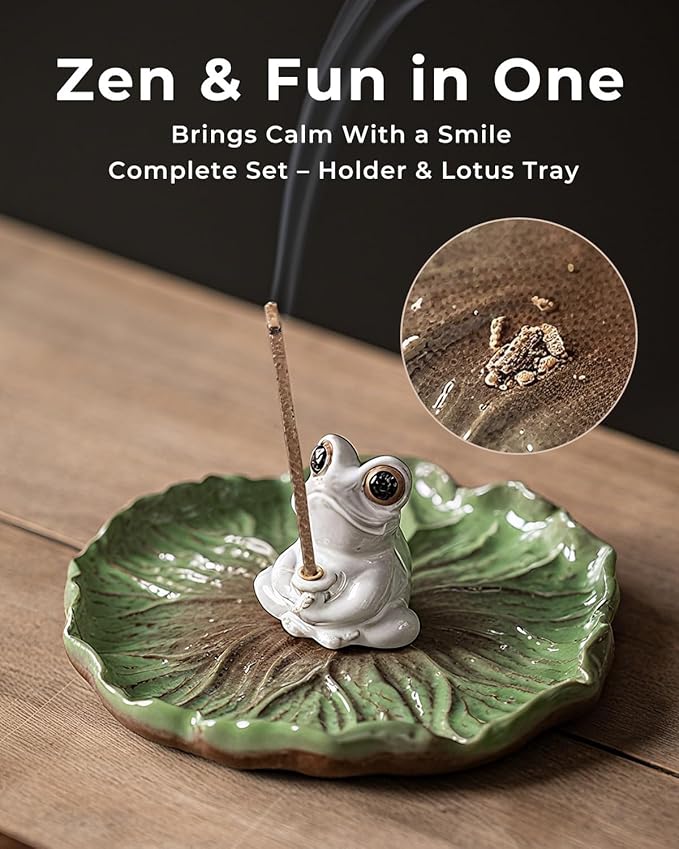 Ceramic Incense Stick Holder - Cute Frog Incense Burner with Lotus Leaf Tray Ash Catcher, Handcrafted Zen Decor for Home, Meditation, Yoga, Gift - Bloomnest
