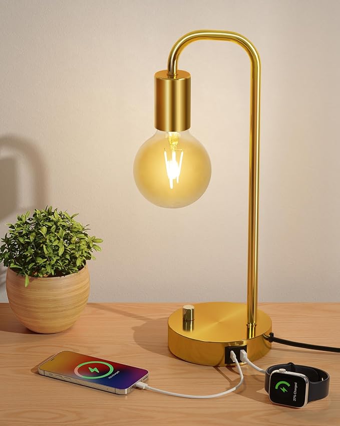 ONEWISH Industrial Table Lamp with 2 USB Port, Stepless Dimmable Nightstand Bedside Lamps for Bedroom,Desk Lamps with 2700K Gold Gradient Bulb for Reading Living Room - Bloomnest