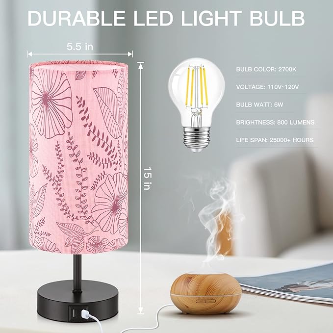 Touch Control Bedside Lamp with 2 USB Ports, 3-Way Dimmable Table lamp for Bedroom, Nightstand Lamp with Round Pink Flower Fabric Shade for Living Room Home Office (E26 LED Bulb Included) - Bloomnest