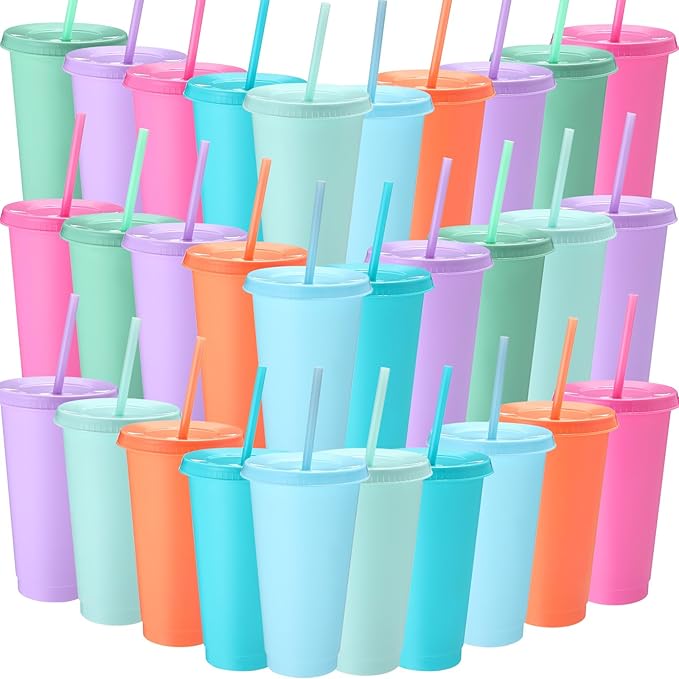Honeydak 30 Pack Tumbler with Straw and Lid Bulk Water Bottle Iced Coffee Travel Mug Cup Reusable Plastic Cups for Party Birthdays 24-27 oz (Macaron Color) - Bloomnest