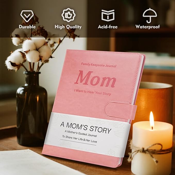 Artmag Mom's Life Story Journal with 250+ Prompt Questions, Family Keepsake Book Leather Cover for Mom to Share Her Memories for Birthday Mother's Day Christmas (Pink) - Bloomnest